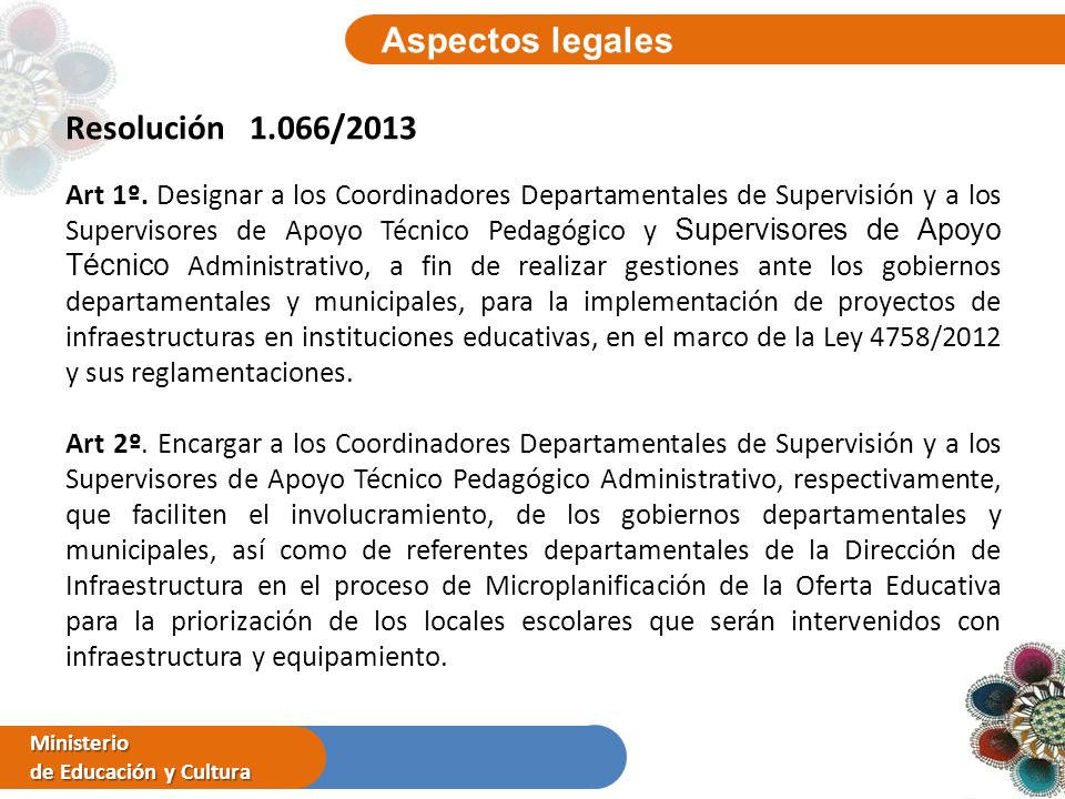 Aspectos legales Ministerio de Educación y Cultura Resolución 1.066/2013 Art 1º.