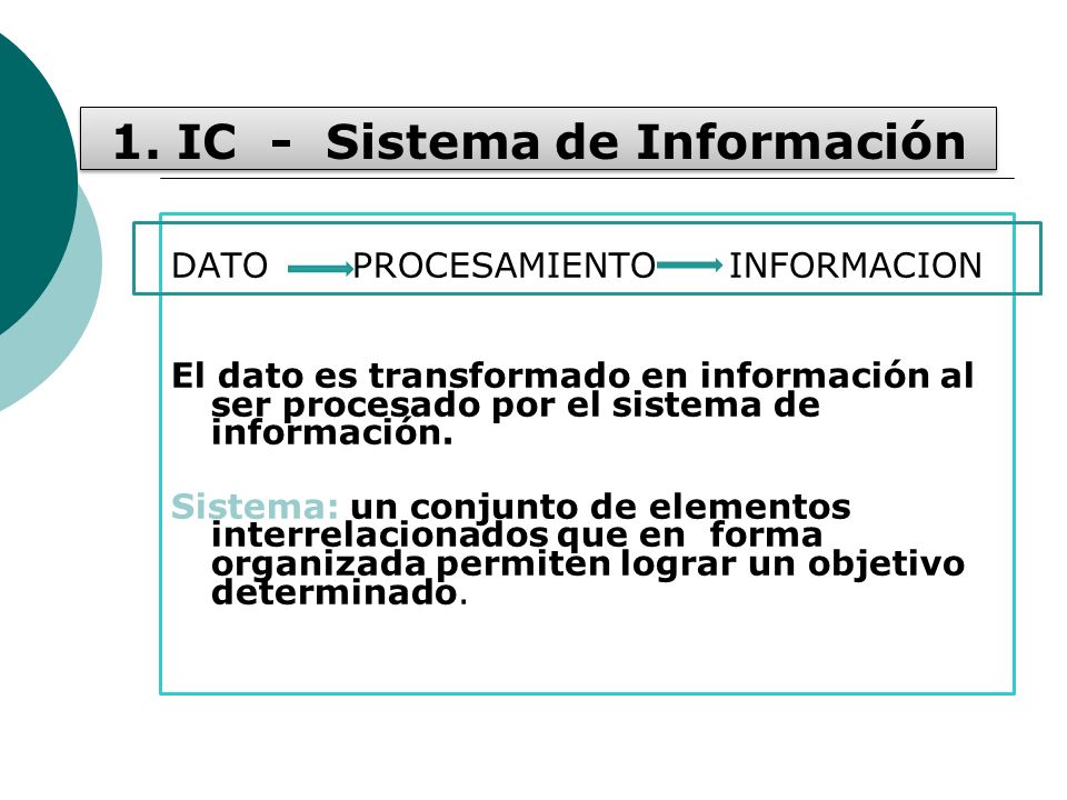 DATO PROCESAMIENTO INFORMACION El dato es transformado en información al ser procesado por el sistema de información.