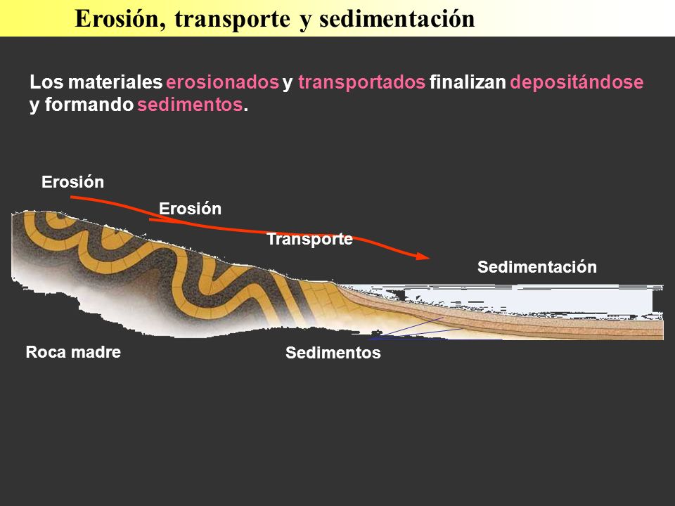 Erosión, transporte y sedimentación Los materiales erosionados y transportados finalizan depositándose y formando sedimentos.