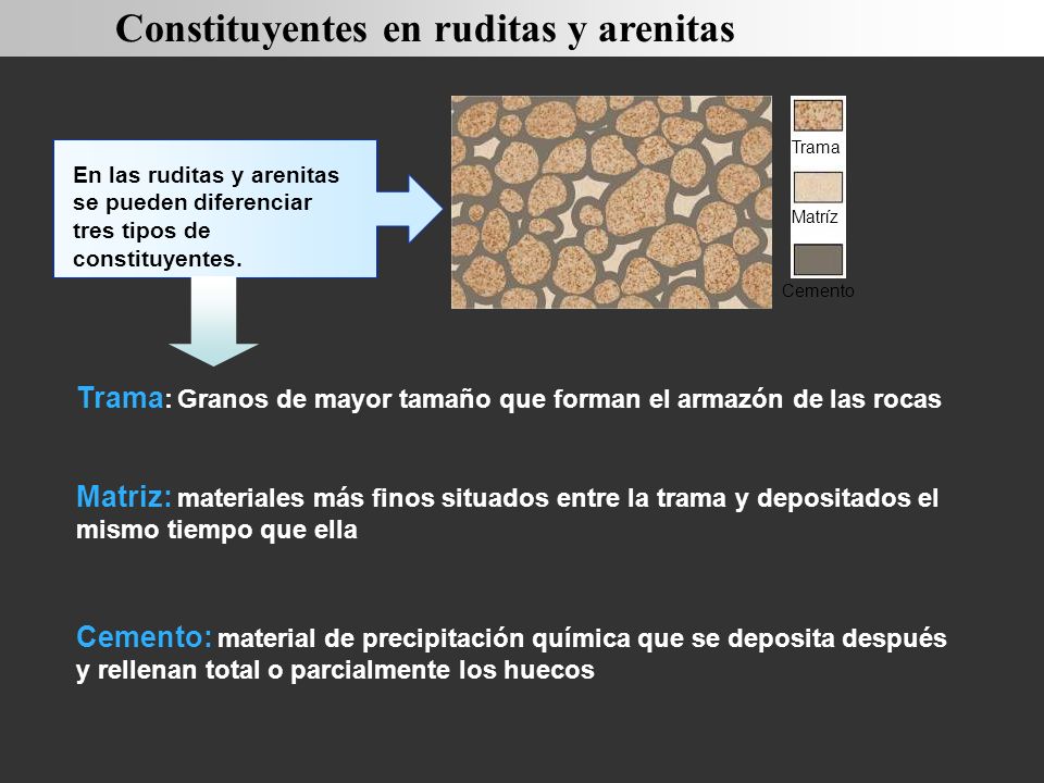 Trama Matríz Cemento En las ruditas y arenitas se pueden diferenciar tres tipos de constituyentes.