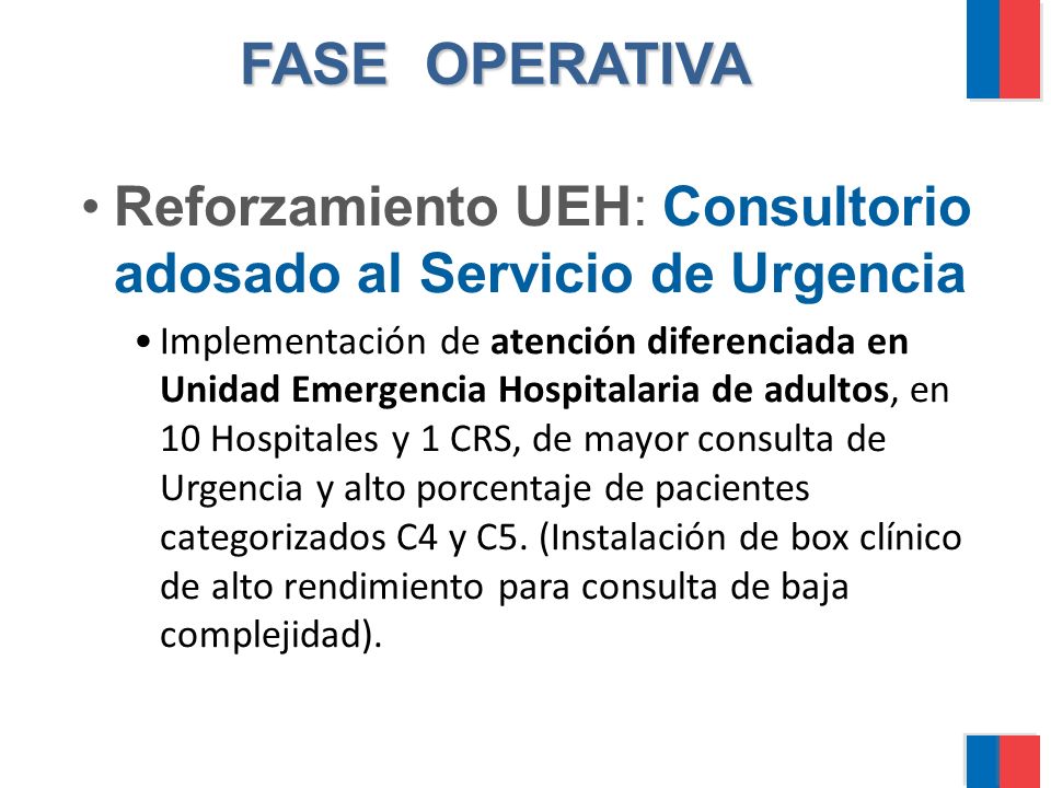 Reforzamiento UEH: Consultorio adosado al Servicio de Urgencia Implementación de atención diferenciada en Unidad Emergencia Hospitalaria de adultos, en 10 Hospitales y 1 CRS, de mayor consulta de Urgencia y alto porcentaje de pacientes categorizados C4 y C5.