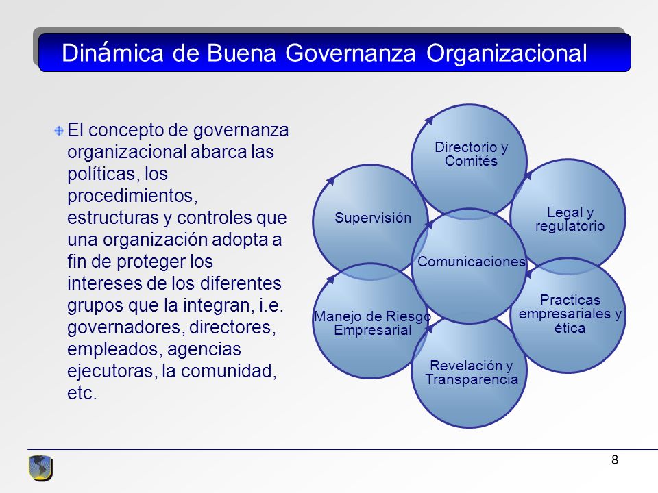 8 El concepto de governanza organizacional abarca las políticas, los procedimientos, estructuras y controles que una organización adopta a fin de proteger los intereses de los diferentes grupos que la integran, i.e.