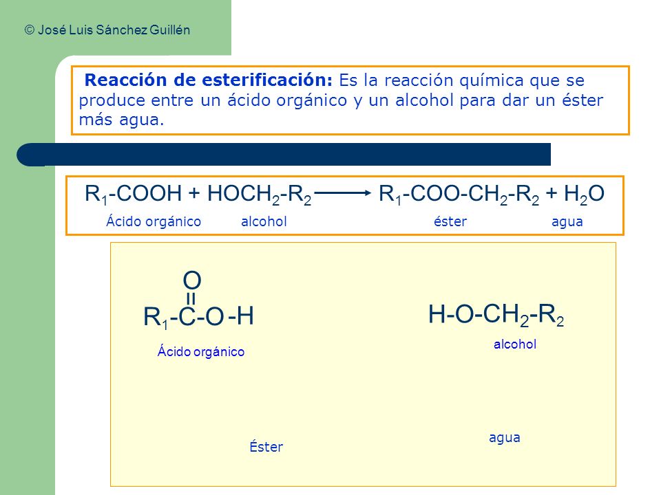 Reacción de esterificación: Es la reacción química que se produce entre un ácido orgánico y un alcohol para dar un éster más agua.