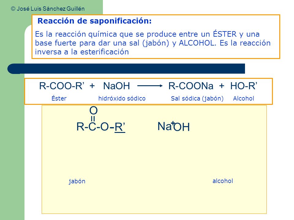 Reacción de saponificación: Es la reacción química que se produce entre un ÉSTER y una base fuerte para dar una sal (jabón) y ALCOHOL.