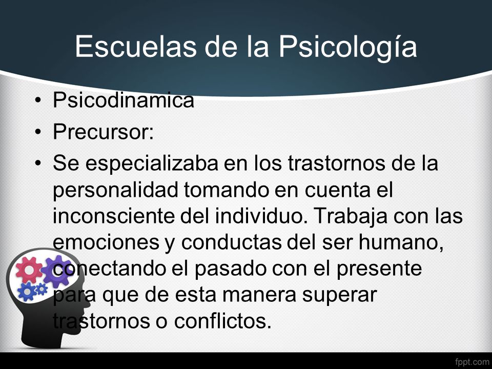 Escuelas de la Psicología Psicodinamica Precursor: Se especializaba en los trastornos de la personalidad tomando en cuenta el inconsciente del individuo.