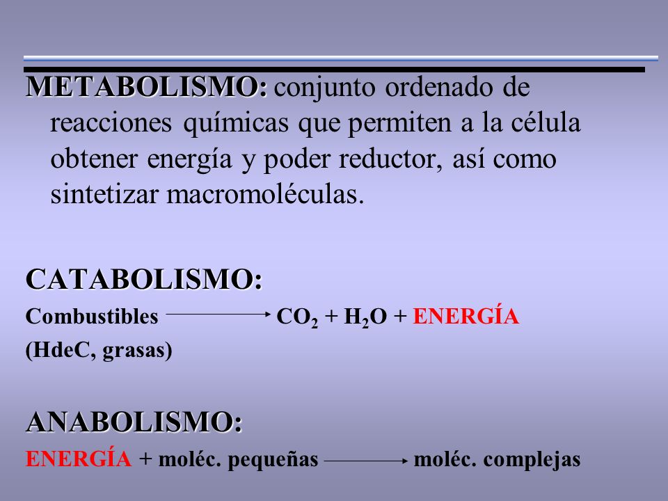 METABOLISMO: METABOLISMO: conjunto ordenado de reacciones químicas que permiten a la célula obtener energía y poder reductor, así como sintetizar macromoléculas.CATABOLISMO: Combustibles CO 2 + H 2 O + ENERGÍA (HdeC, grasas)ANABOLISMO: ENERGÍA + moléc.