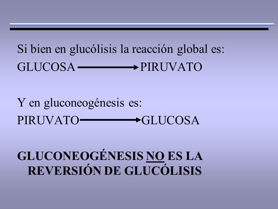Si bien en glucólisis la reacción global es: GLUCOSA PIRUVATO Y en gluconeogénesis es: PIRUVATO GLUCOSA GLUCONEOGÉNESIS NO ES LA REVERSIÓN DE GLUCÓLISIS
