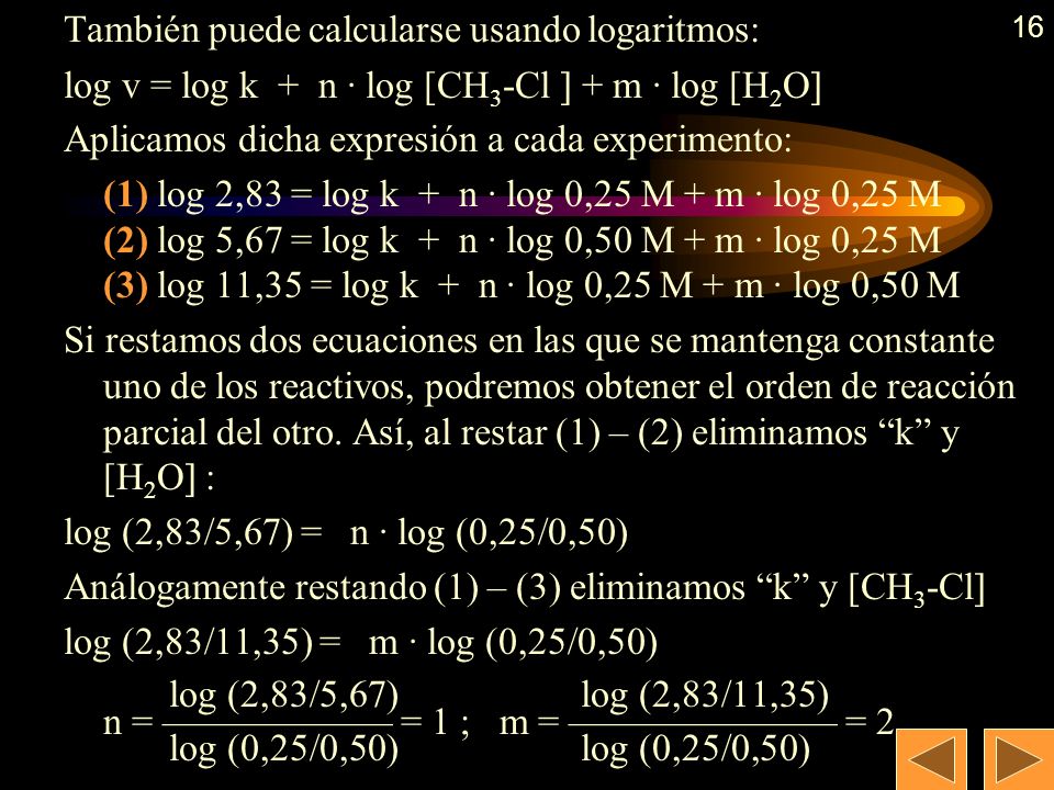 15 Ejemplo: Determinar el orden de reacción : CH 3 -Cl (g) + H 2 O (g)  CH 3 -OH (g) + HCl (g) usando los datos de la tabla anterior.
