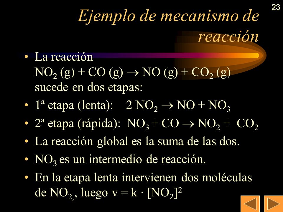 22 Mecanismos de reacción En la reacción elemental: H 2 (g) + I 2 (g)  2 HI (g) vista anteriormente, v = k · [H 2  · [I 2  Sin embargo, la mayoría de las reacciones suceden en etapas.