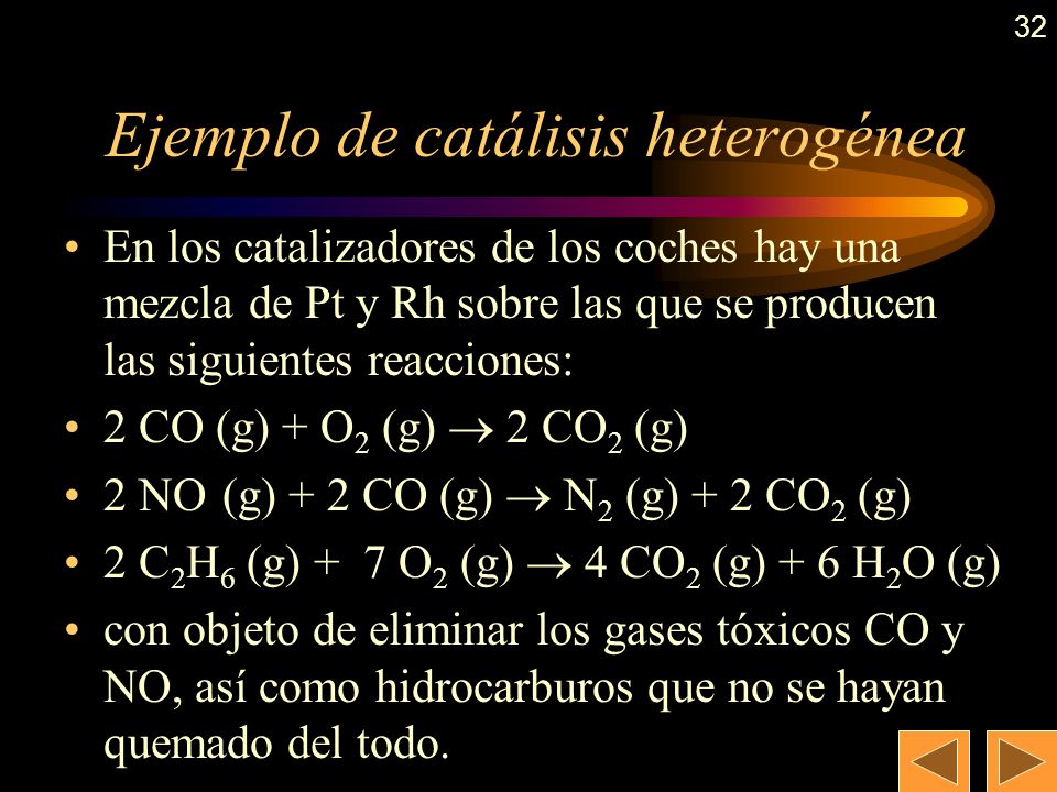 31 Catalizadores Intervienen en alguna etapa de la reacción pero no se modifican pues se recuperan al final y no aparece en la ecuación global ajustada.
