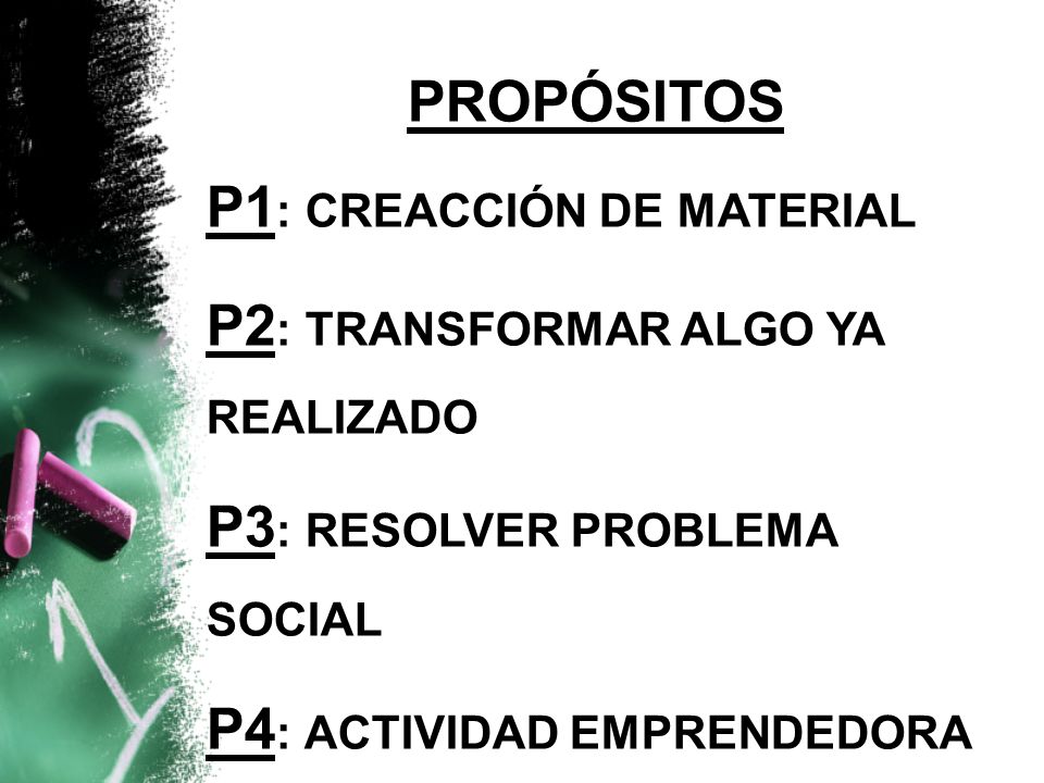 PROPÓSITOS P1 : CREACCIÓN DE MATERIAL P2 : TRANSFORMAR ALGO YA REALIZADO P3 : RESOLVER PROBLEMA SOCIAL P4 : ACTIVIDAD EMPRENDEDORA