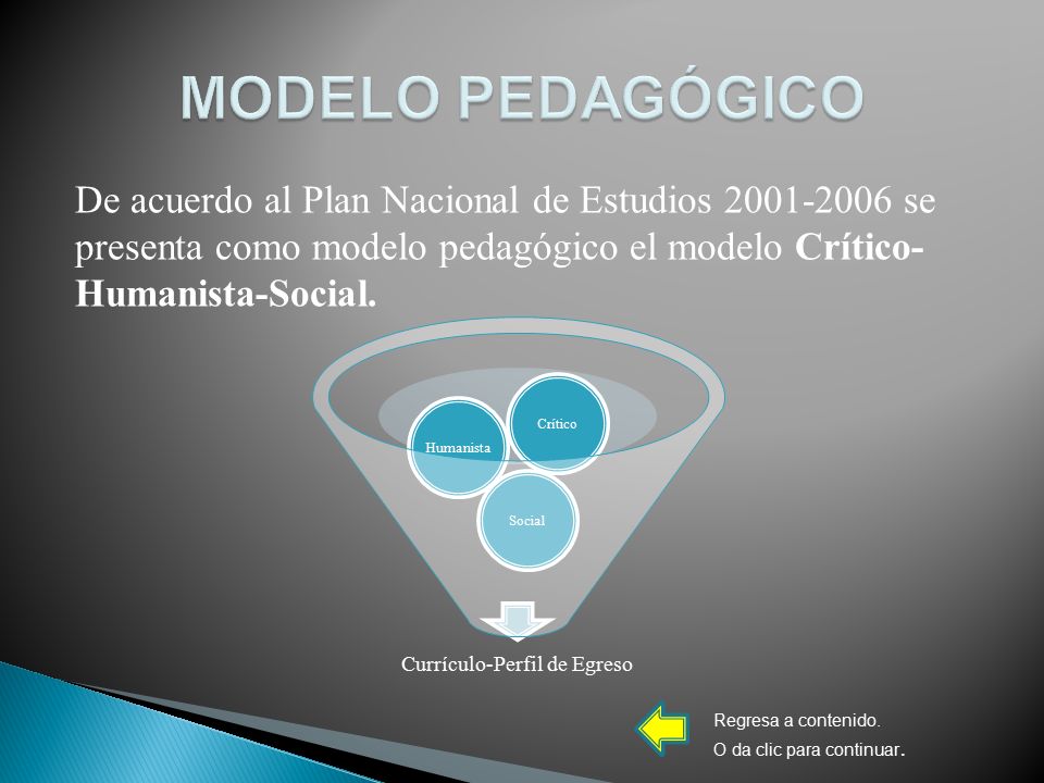 De acuerdo al Plan Nacional de Estudios se presenta como modelo pedagógico el modelo Crítico- Humanista-Social.