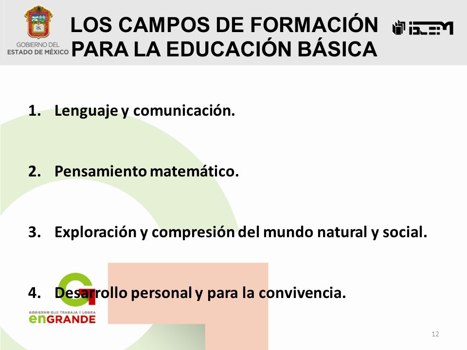 LOS CAMPOS DE FORMACIÓN PARA LA EDUCACIÓN BÁSICA 12 1.Lenguaje y comunicación.