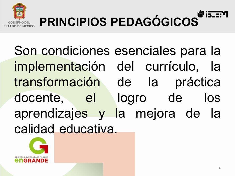 PRINCIPIOS PEDAGÓGICOS 6 Son condiciones esenciales para la implementación del currículo, la transformación de la práctica docente, el logro de los aprendizajes y la mejora de la calidad educativa.