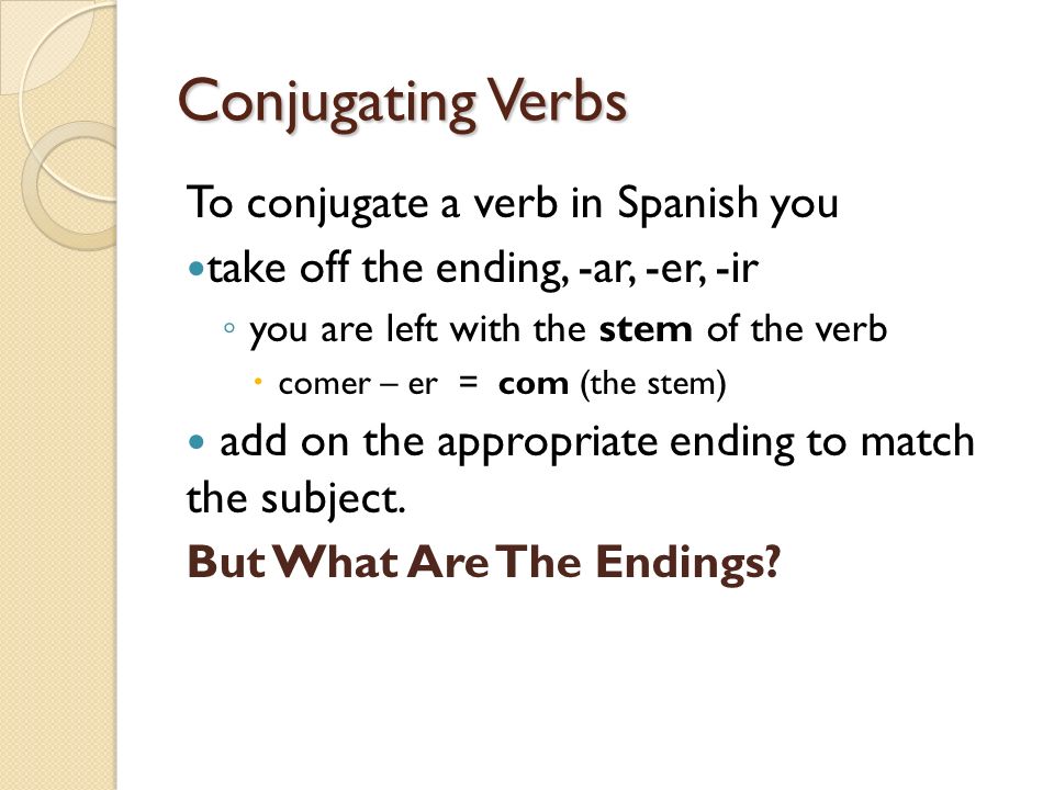 -ar, -er and –ir verbs in the present tense. Review Verb Infinitive ...