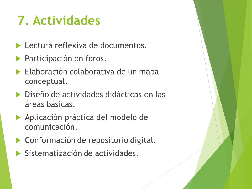 7. Actividades  Lectura reflexiva de documentos,  Participación en foros.