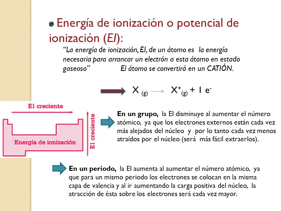 Energía de ionización o potencial de ionización (EI): La energía de ionización, EI, de un átomo es la energía necesaria para arrancar un electrón a esta átomo en estado gaseoso El átomo se convertirá en un CATIÓN.