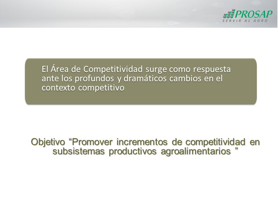 El Área de Competitividad surge como respuesta ante los profundos y dramáticos cambios en el contexto competitivo Objetivo Promover incrementos de competitividad en subsistemas productivos agroalimentarios