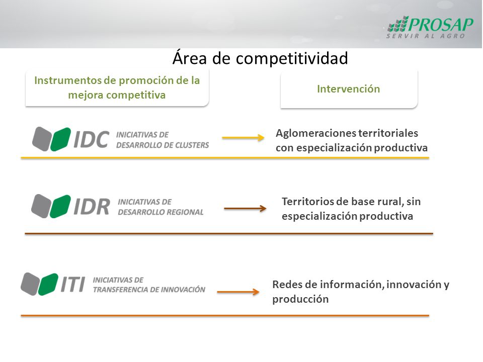 Área de competitividad Instrumentos de promoción de la mejora competitiva Intervención Aglomeraciones territoriales con especialización productiva Territorios de base rural, sin especialización productiva Redes de información, innovación y producción