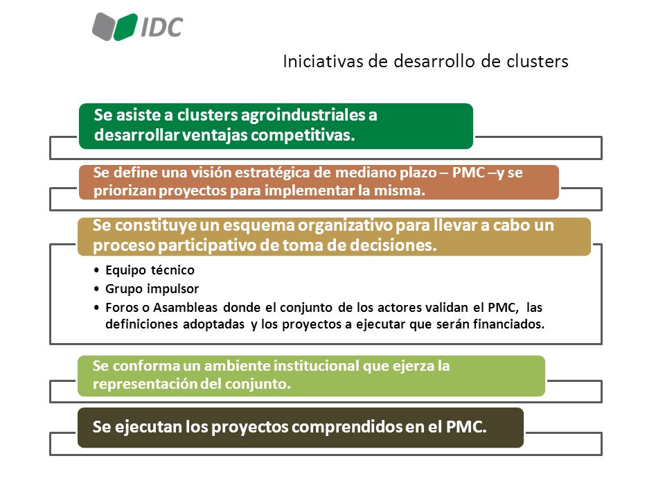 Iniciativas de desarrollo de clusters Se asiste a clusters agroindustriales a desarrollar ventajas competitivas.