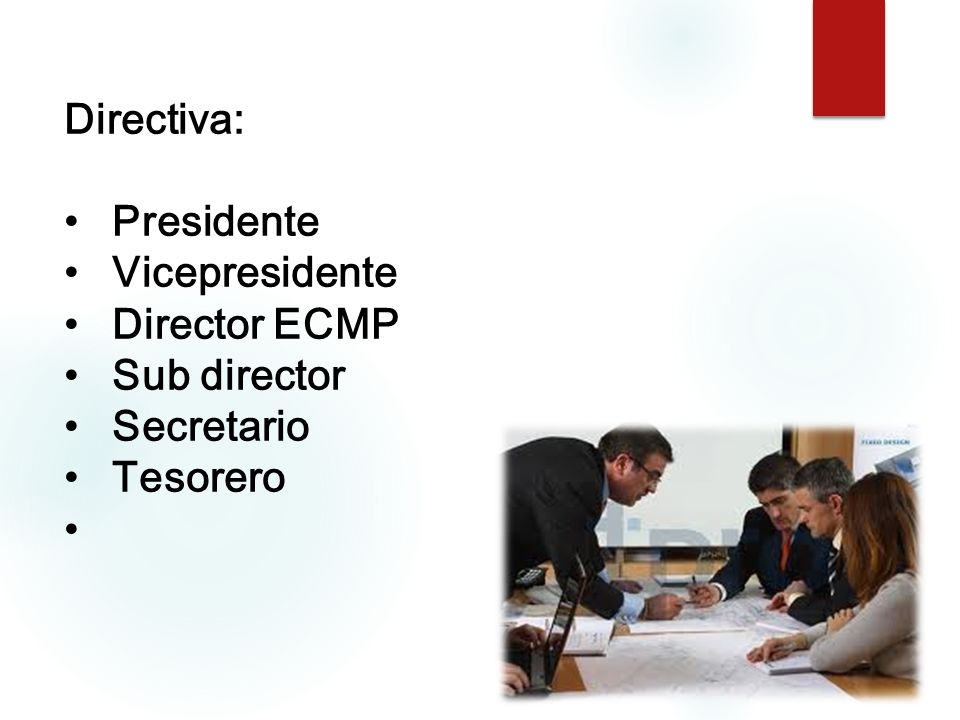 Directiva: Presidente Vicepresidente Director ECMP Sub director Secretario Tesorero