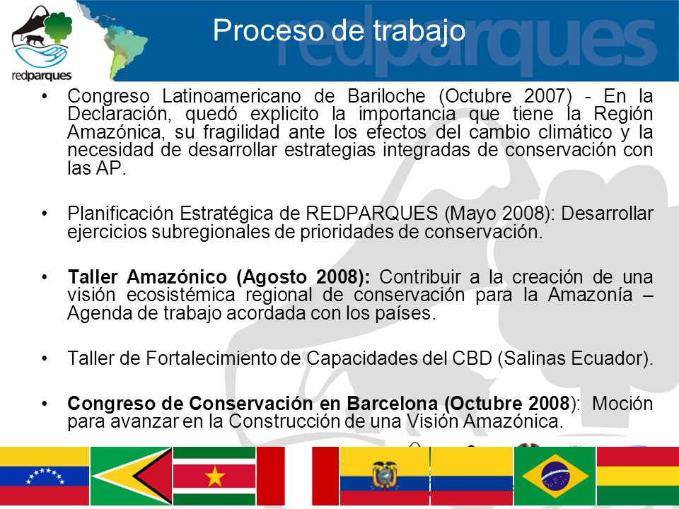 Proceso de trabajo Congreso Latinoamericano de Bariloche (Octubre 2007) - En la Declaración, quedó explicito la importancia que tiene la Región Amazónica, su fragilidad ante los efectos del cambio climático y la necesidad de desarrollar estrategias integradas de conservación con las AP.