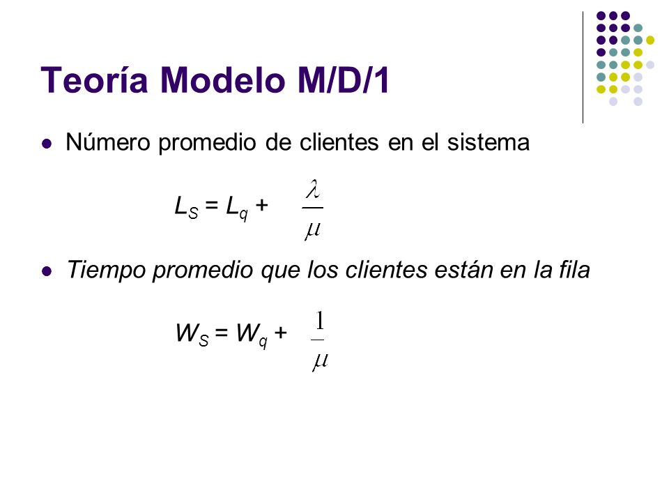 Teoría Modelo M/D/1 Número promedio de clientes en el sistema L S = L q + Tiempo promedio que los clientes están en la fila W S = W q +