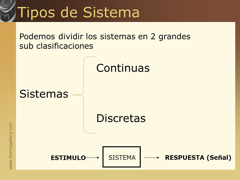 Tipos de Sistema Podemos dividir los sistemas en 2 grandes sub clasificaciones Sistemas Continuas Discretas SISTEMA ESTIMULO RESPUESTA (Señal)