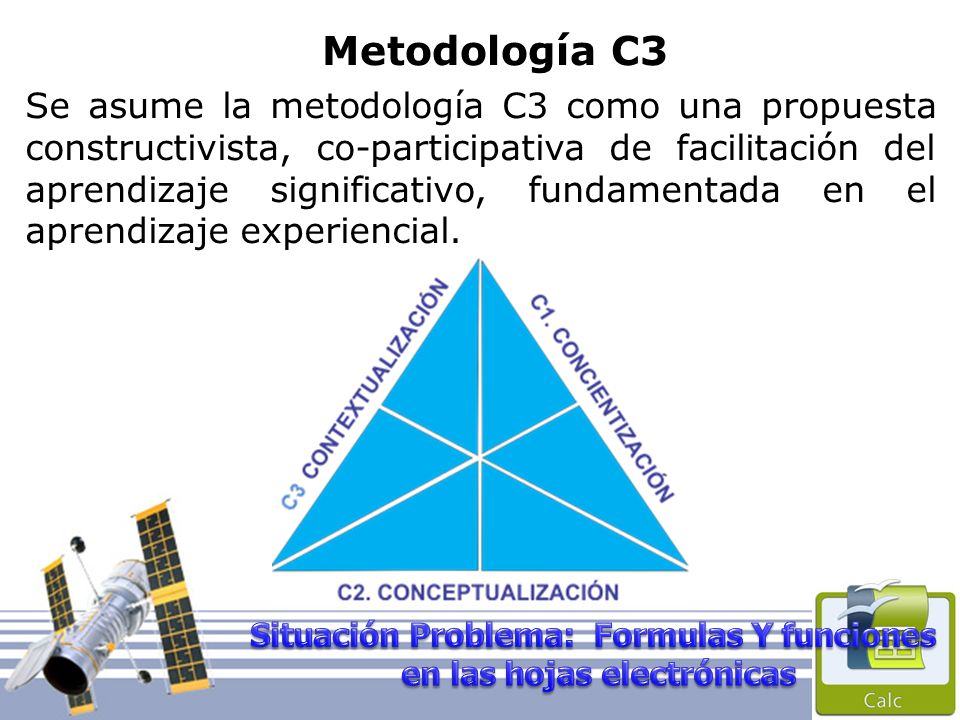Metodología C3 Se asume la metodología C3 como una propuesta constructivista, co-participativa de facilitación del aprendizaje significativo, fundamentada en el aprendizaje experiencial.