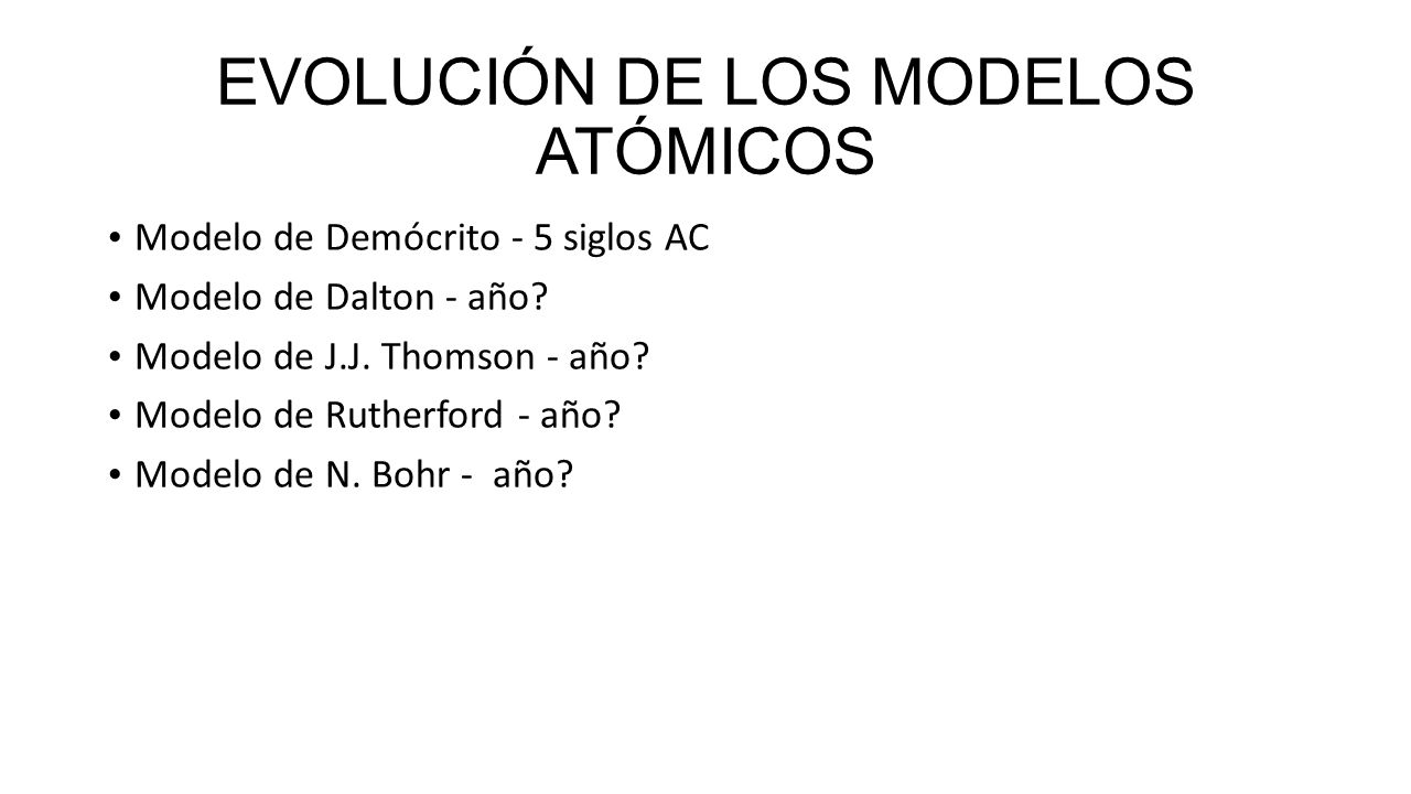 EVOLUCIÓN DE LOS MODELOS ATÓMICOS Modelo de Demócrito - 5 siglos AC Modelo de Dalton - año.