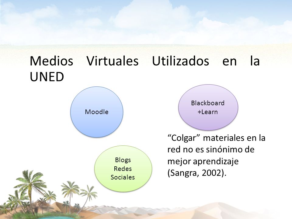 Medios Virtuales Utilizados en la UNED Colgar materiales en la red no es sinónimo de mejor aprendizaje (Sangra, 2002).