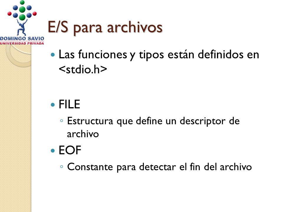 E/S para archivos Las funciones y tipos están definidos en FILE Estructura que define un descriptor de archivo EOF Constante para detectar el fin del archivo