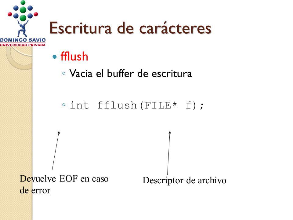 Escritura de carácteres fflush Vacia el buffer de escritura int fflush(FILE* f); Descriptor de archivo Devuelve EOF en caso de error