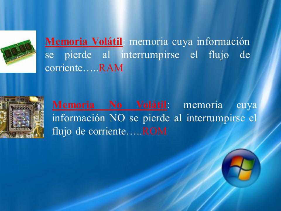 Memoria Volátil: memoria cuya información se pierde al interrumpirse el flujo de corriente…..RAM Memoria No Volátil: memoria cuya información NO se pierde al interrumpirse el flujo de corriente…..ROM