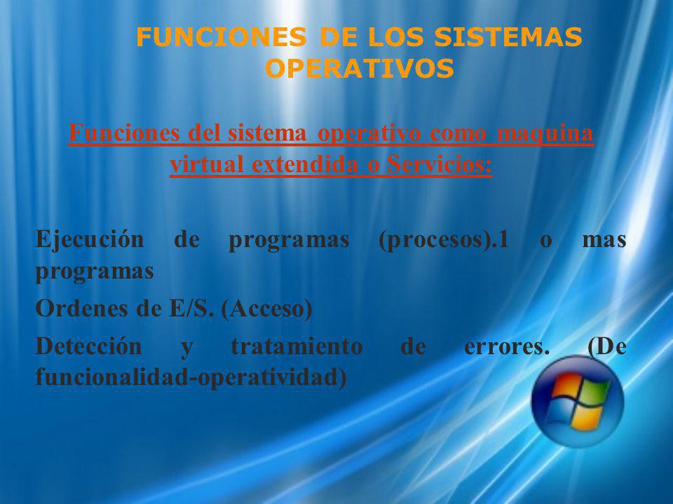 Funciones del sistema operativo como maquina virtual extendida o Servicios: Ejecución de programas (procesos).1 o mas programas Ordenes de E/S.