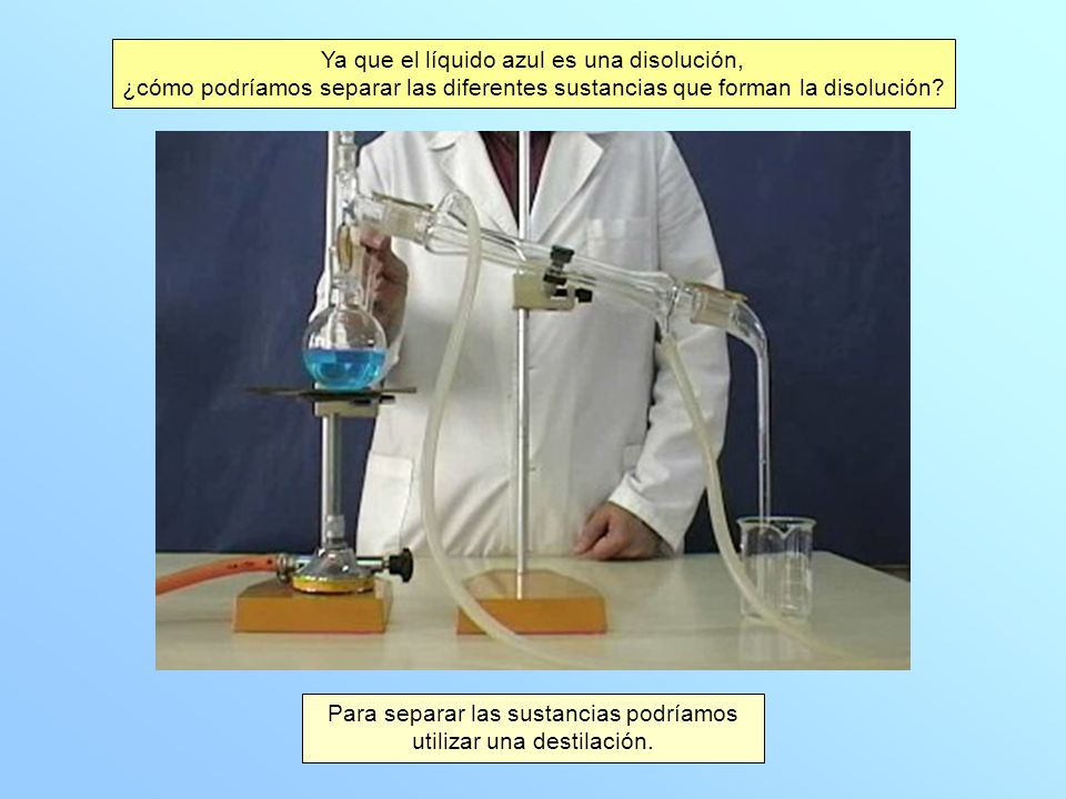 Ya que el líquido azul es una disolución, ¿cómo podríamos separar las diferentes sustancias que forman la disolución.