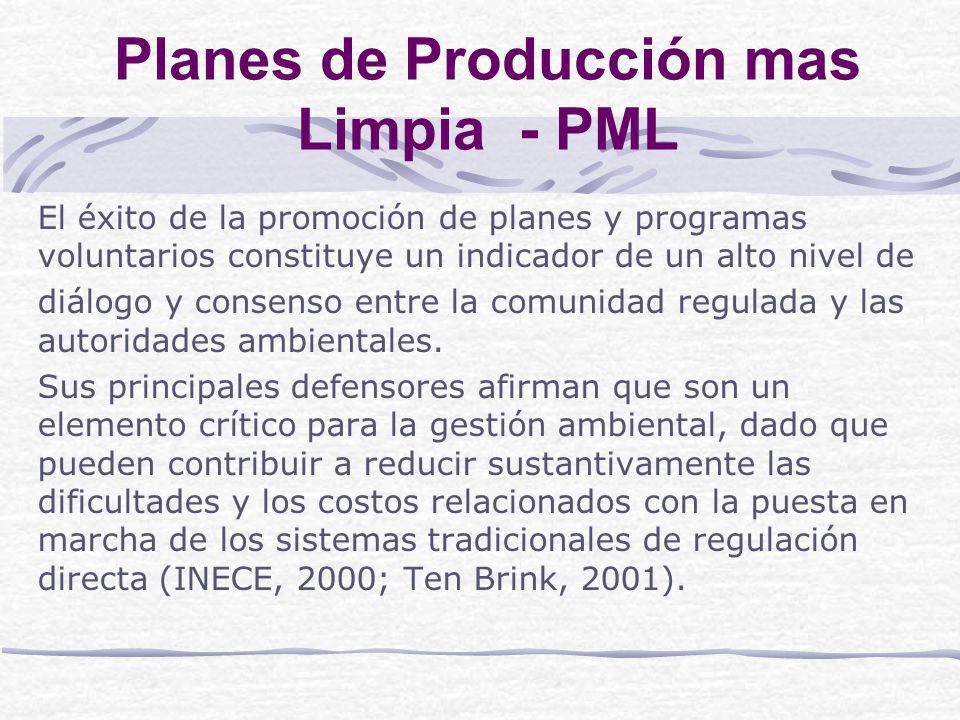 Planes de Producción mas Limpia - PML El éxito de la promoción de planes y programas voluntarios constituye un indicador de un alto nivel de diálogo y consenso entre la comunidad regulada y las autoridades ambientales.