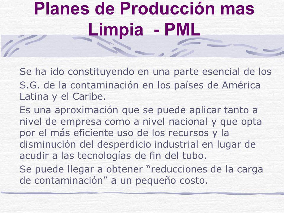 Planes de Producción mas Limpia - PML Se ha ido constituyendo en una parte esencial de los S.G.