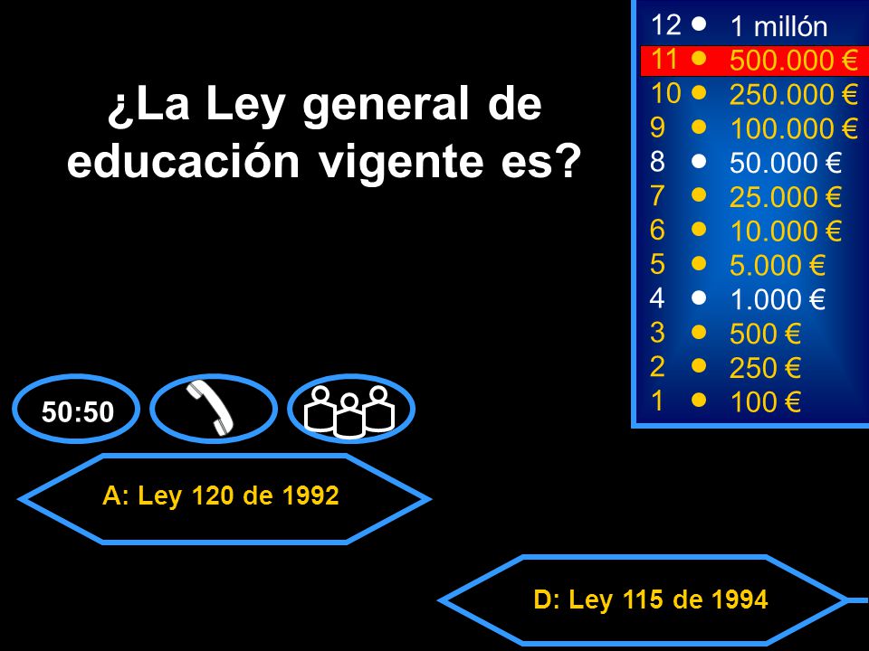 A: Ley 120 de 1992 C: Ley 115 de 2003 D: Ley 115 de 1994 B: Ley 90 de millón ¿La Ley general de educación vigente es.