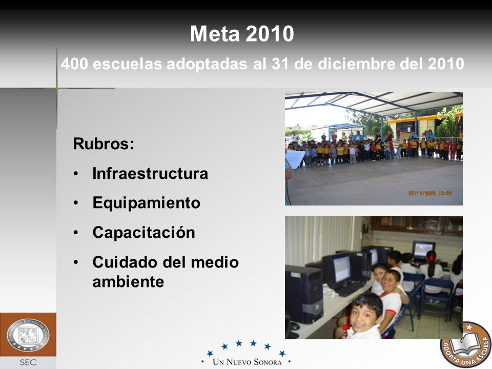 6 Meta escuelas adoptadas al 31 de diciembre del 2010 Rubros: Infraestructura Equipamiento Capacitación Cuidado del medio ambiente