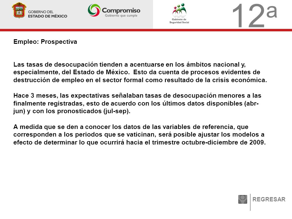 12 a Empleo: Prospectiva REGRESAR Las tasas de desocupación tienden a acentuarse en los ámbitos nacional y, especialmente, del Estado de México.