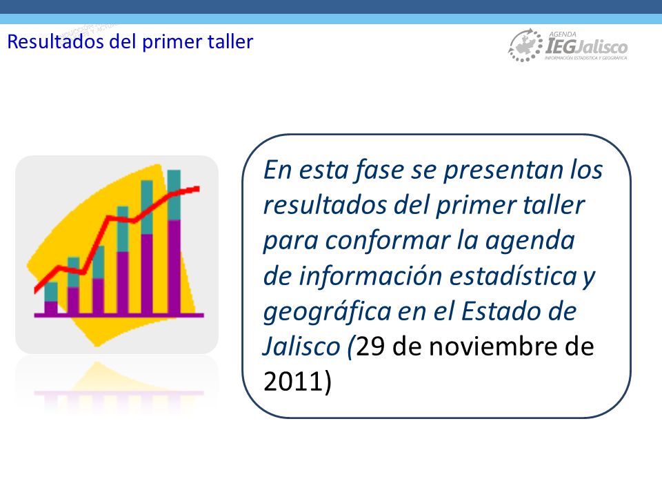 En esta fase se presentan los resultados del primer taller para conformar la agenda de información estadística y geográfica en el Estado de Jalisco (29 de noviembre de 2011) Resultados del primer taller