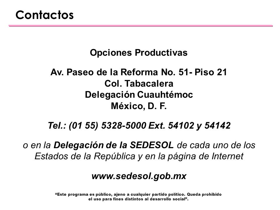Contactos Opciones Productivas Av. Paseo de la Reforma No.