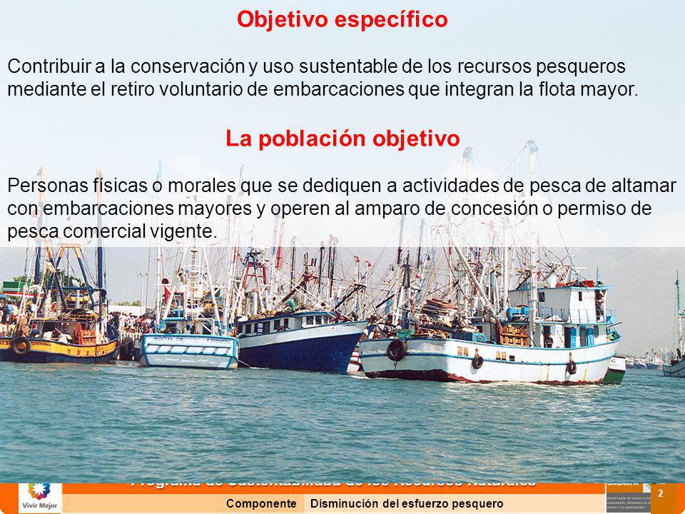 Programa de Sustentabilidad de los Recursos Naturales ComponenteDisminución del esfuerzo pesquero 2 Objetivo específico Contribuir a la conservación y uso sustentable de los recursos pesqueros mediante el retiro voluntario de embarcaciones que integran la flota mayor.