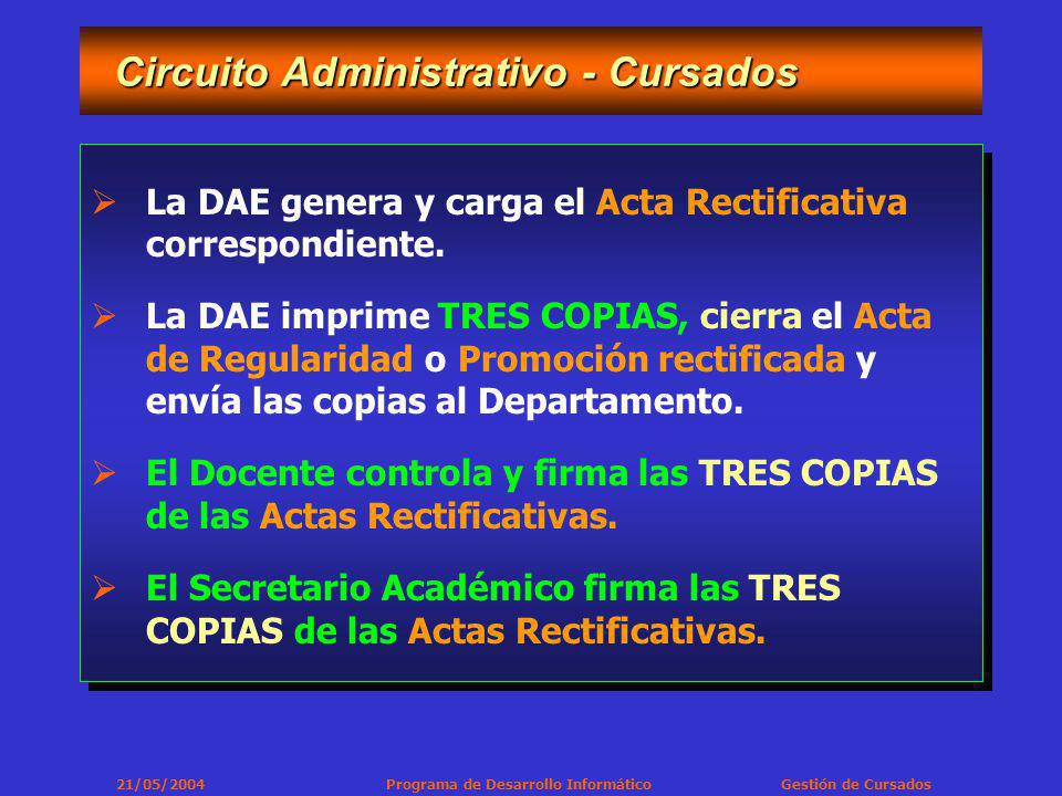 21/05/2004 Programa de Desarrollo Informático Gestión de Cursados Circuito Administrativo - Cursados Circuito Administrativo - Cursados La DAE genera y carga el Acta Rectificativa correspondiente.