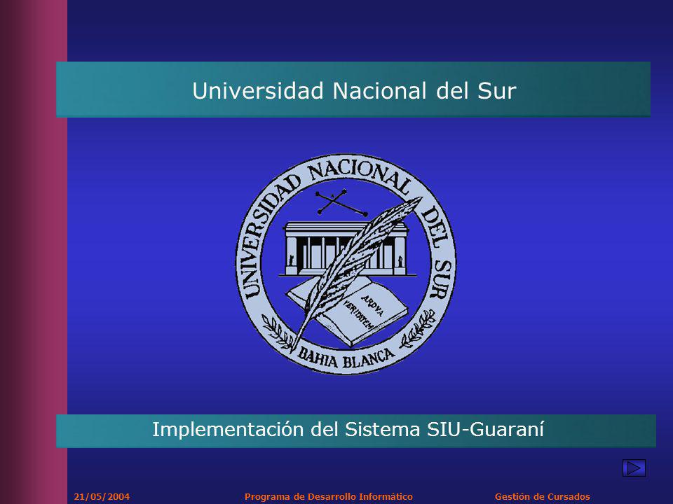 21/05/2004 Programa de Desarrollo Informático Gestión de Cursados Universidad Nacional del Sur Implementación del Sistema SIU-Guaraní