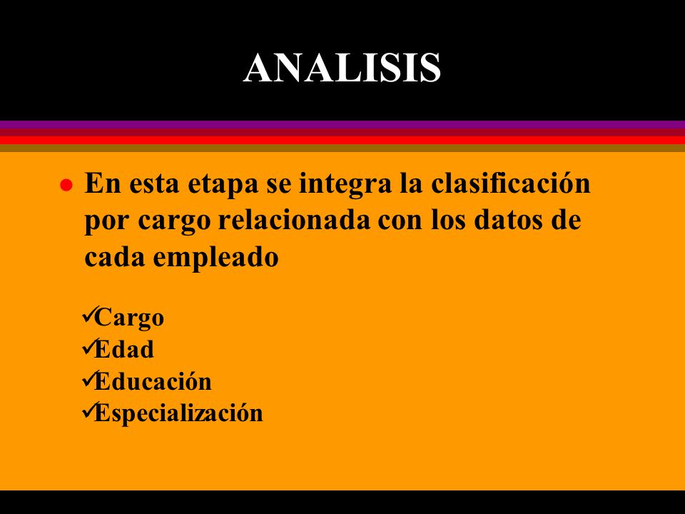 ANALISIS l En esta etapa se integra la clasificación por cargo relacionada con los datos de cada empleado Cargo Edad Educación Especialización