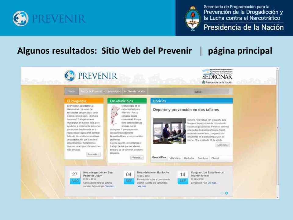 Algunos resultados: Sitio Web del Prevenir página principal