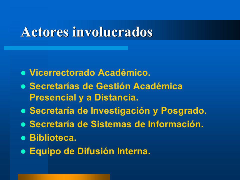Actores involucrados Vicerrectorado Académico.