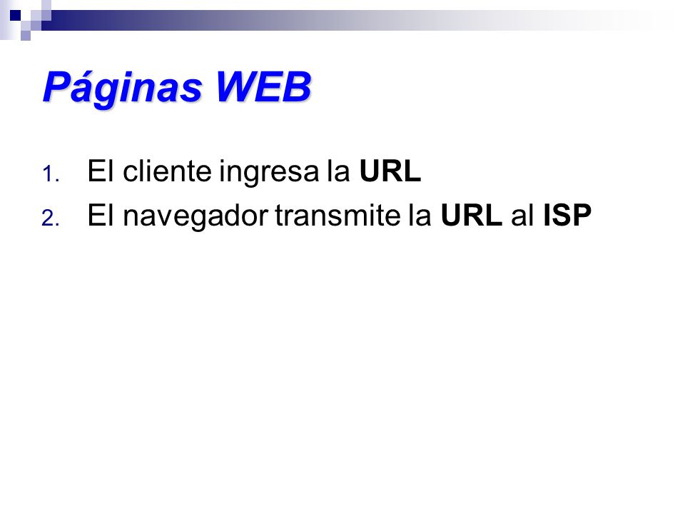 Páginas WEB 1. El cliente ingresa la URL 2. El navegador transmite la URL al ISP